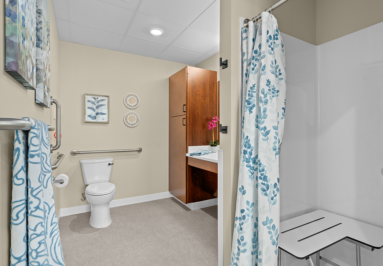 Each suite includes a walk-in shower for the convenience of long-term care Residents.