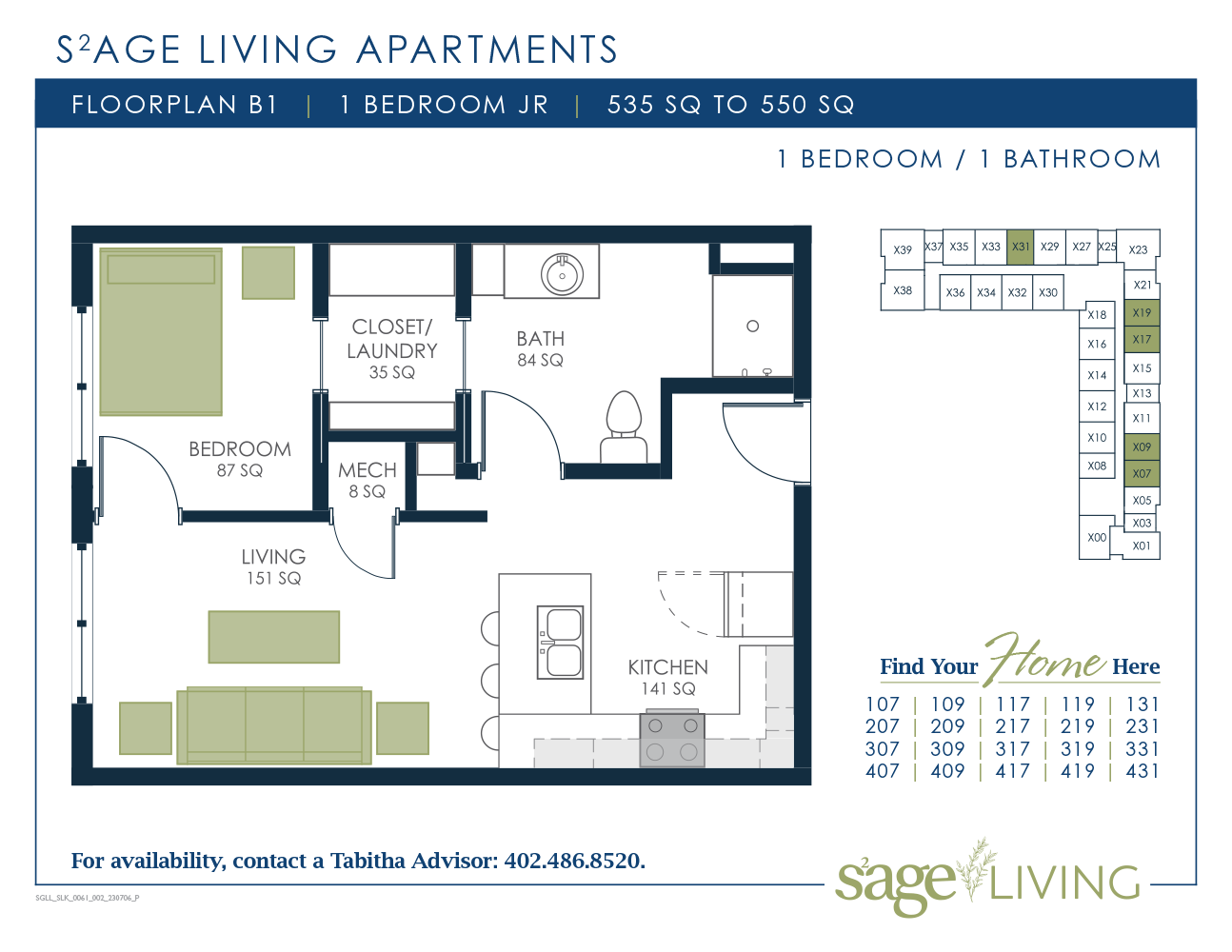 S2age Living Floor Plan, Apartment B1