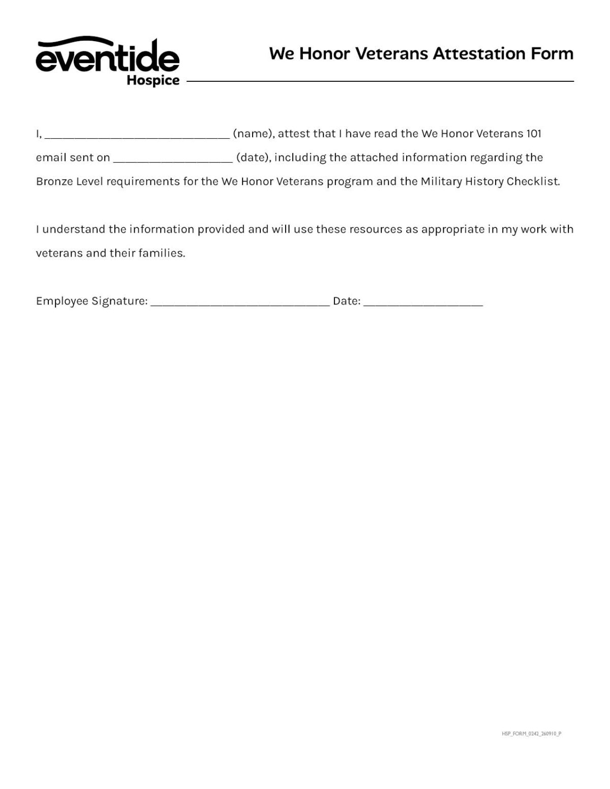 We Honor Veterans Attestation Form