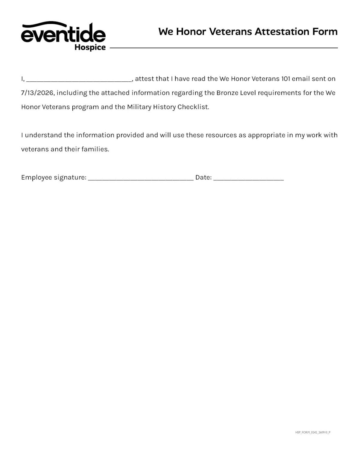 We Honor Veterans Attestation Form